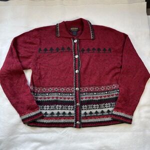 Woolrich Sweater Womens Large Red Lambswool Cardigan Button Fair Isle Noel Trees